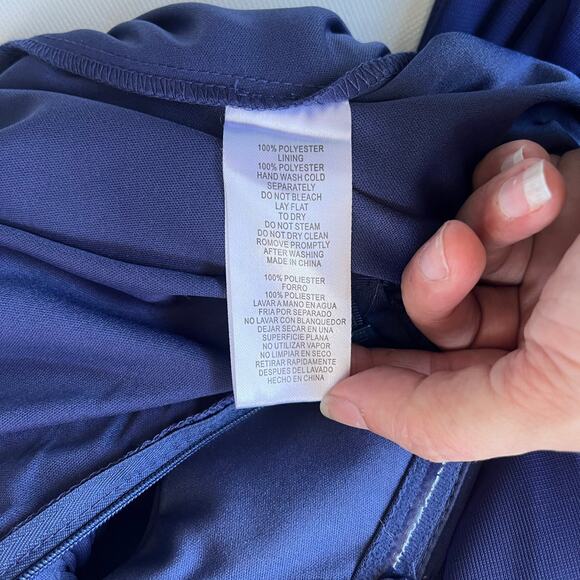 ALEX EVENINGS Off Shoulder Full Length Dress Sz 10 Navy Bling Ruching Dark Fairy - Picture 14 of 15